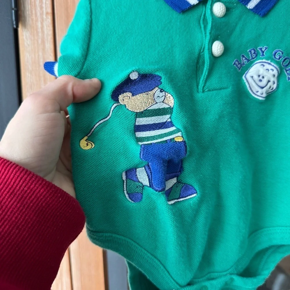 Vintage Baby Golf teddy bear embroidered polo onesie boys kelly short sleeve